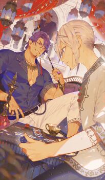 4boys aqua_eyes ashwatthama_(fate) blue_eyes board_game bottle buttons chaldea_boys_collection charlemagne_no_montjoie_kishidou! closed_mouth clothing_request commentary_request cup dark-skinned_male dark_skin dice duryodhana_(fate) dutch_angle earrings eyewear_on_head facial_hair fate/grand_order fate_(series) goatee hair_tie holding holding_bottle holding_dice holding_smoking_pipe hookah indian_clothes jewelry karna_(fate) knee_up lapels low_ponytail male_focus medium_hair multiple_boys notched_lapels official_alternate_costume official_art open_mouth partially_unbuttoned pectoral_cleavage pectorals ponytail prince_of_lan_ling_(fate) purple_facial_hair purple_hair purple_shirt red_hair round_eyewear saucer semi_(p-poco) shirt short_hair short_ponytail short_sleeves sidelocks single_earring sitting small_sweatdrop smirk smoke smoke_trail smoking_pipe standing teacup third-party_source toned toned_male white_hair white_shirt wide_sleeves