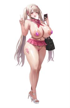 1girl animated animated_gif areola_slip bag black_bag black_choker blush bouncing_breasts breasts brown_hair cellphone choker commentary fingernails gem gem_pasties goddess_of_victory:_nikke hair_ornament heart_collar high_heels holding holding_phone horns huge_breasts jasony large_areolae leg_tattoo long_hair looking_at_viewer looping_animation nail_polish navel neckerchief open_mouth panties pasties phone pink_eyes pink_gemstone pink_horns pink_neckerchief pink_panties pink_sailor_collar pink_skirt sailor_collar shoes shoulder_bag simple_background skirt smartphone snake_hair_ornament solo stomach tattoo teeth thighs tongue tongue_out twintails underwear upper_teeth_only v viper_(nikke) white_background white_nails white_shoes