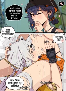 2girls absurdres ahoge belle_(summer_skies)_(zenless_zone_zero) belle_(zenless_zone_zero) black_nails blue_hair blush bowl bowl_hat covering_own_mouth crossed_bangs earrings female_pubic_hair fingerless_gloves gloves grey_hair hair_ornament hairclip hat heart highres jewelry long_hair multiple_girls navel necklace official_alternate_costume orange_shorts pubic_hair shirt short_hair shorts single_fingerless_glove spoken_heart stomach tied_shirt trembling yixuan_(zenless_zone_zero) yuri zanqi zenless_zone_zero