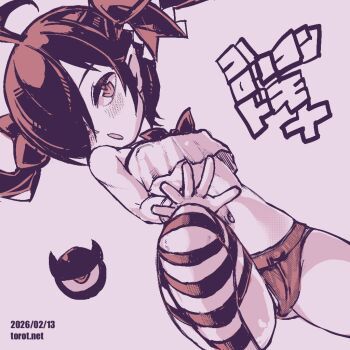 1girl :o ahoge backbeako_(torotei) backbeard bare_shoulders blush bow_camisole breasts camisole commentary covered_erect_nipples crop_top dated dated_commentary denim denim_shorts dutch_angle foot_out_of_frame gegege_no_kitarou gloves hair_over_one_eye hair_ribbon hand_on_own_knee horns knee_up kono_lolicon_domome loli long_hair looking_at_viewer lying micro_shorts monochrome navel open_mouth original outstretched_hand paid_reward_available pink_background pink_theme pointy_ears ribbon ringed_eyes shorts simple_background sleeveless small_breasts solo striped_clothes striped_thighhighs thighhighs torotei translated twintails watermark web_address