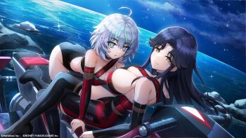 all_fours ass asymmetrical_clothes asymmetrical_legwear bare_shoulders black_bodysuit black_hair bodysuit breasts cleavage closed_mouth copyright_notice crossed_legs detached_sleeves dolphin_wave grey_hair hair_between_eyes high_heels highres hirasaka_yuno jet_ski kurokuchi_muru large_breasts long_hair looking_at_viewer marvelous multicolored_eyes multicolored_hair multiple_girls night ocean official_art parted_lips rainbow_eyes rock sky smile star_(sky) watercraft yellow_eyes