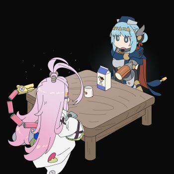 2girls absurdres aino_(genshin_impact) akaika_(aka) bangs_pinned_back black_background blue_cape blue_hair bread cape coffee food genshin_impact highres ineffa_(genshin_impact) joints lab_coat long_sleeves mechanical_arms mechanical_tail metal_skin milk multiple_girls nichijou on_floor pink_hair robot_ears robot_girl robot_joints screw_hair_ornament tail