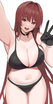 1girl :d areola_slip arm_up black_bra black_choker black_panties bra breasts brown_eyes brown_hair choker cleavage curvy highres large_breasts long_hair mole mole_on_thigh mole_under_mouth navel open_mouth original panties simple_background smile solo stomach sukebewe underwear underwear_only v very_long_hair white_background