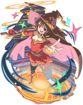 1girl absurdres arms_at_sides asymmetrical_legwear bandaged_leg bandages belt belt_collar black_cape black_hair blush boots breasts brown_boots cape casting_spell collar collarbone commentary_request dress foreshortening full_body hat highres holding holding_staff kono_subarashii_sekai_ni_shukufuku_wo! legs_apart long_sleeves looking_at_viewer mage_staff magic magic_circle megumin mismatched_legwear off-shoulder_dress off_shoulder onabe915 open_mouth pink_cape red_dress red_eyes short_dress short_hair_with_long_locks simple_background single_thighhigh small_breasts solo sparkle staff standing thighhighs thighs two-sided_cape two-sided_fabric v-shaped_eyebrows white_background witch_hat zettai_ryouiki