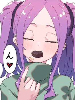 Rule 34 | 1girl, absurdres, blush, breasts, chocolate, closed eyes, commentary request, eating, fate/grand order, fate (series), green shirt, highres, long hair, long sleeves, medium breasts, niwaikanai, parted bangs, purple hair, shirt, sidelocks, solo, twintails, valentine, wu zetian (fate)