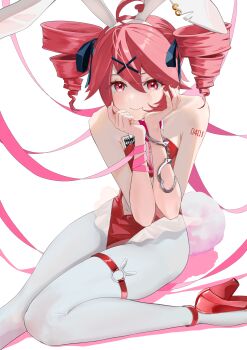 1girl absurdres ahoge animal_ear_hairband animal_ears black_ribbon bow bowtie closed_mouth clothing_cutout commentary cuffs detached_collar double-parted_bangs drill_hair eyes_visible_through_hair fake_animal_ears fingernails hair_between_eyes hair_ornament hair_ribbon hairband handcuffs hands_on_own_face high_heels highres hxk4_n kasane_teto leotard long_hair_between_eyes nail_polish number_tattoo o-ring o-ring_thigh_strap on_one_knee pantyhose pink_bow pink_bowtie pink_ribbon playboy_bunny rabbit_ear_hairband rabbit_ears rabbit_hole_(vocaloid) rabbit_tail red_eyes red_hair red_leotard red_nails red_shoes ribbon shoes shoulder_tattoo single_handcuff sitting smile solo tail tattoo thigh_strap twin_drills utau white_hairband white_pantyhose wrist_ribbon x_hair_ornament