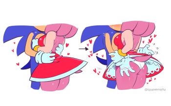 1boy 1girl amy_rose ass ass_focus bare_back bare_legs bare_shoulders blue_fur blue_hair blush breast_press breasts clothes_lift dress dress_lift faceless faceless_female faceless_male from_behind furry grabbing_another&#039;s_ass groping heart hearts_around_body hedgehog hetero highres hug huge_ass hugging_partner implied_kiss kiss legs panties pink_fur pink_hair quaverdraws quavernsfw sega shiny_clothes shiny_skin sideboob sonic_(series) sonic_the_hedgehog sweat tail thick_thighs thighs underwear waist_grab wedgie white_panties