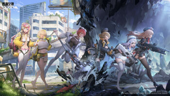 absurdres anis_(nikke) black_thighhighs blonde_hair blue_eyes breasts brown_hair commentary_request copyright_name dark-skinned_female dark_skin elegg_(nikke) fighting_stance glasses goddess_of_victory:_nikke green_eyes gun hair_ornament hairclip hammer hammering_(nikke) hat highres holding holding_gun holding_hammer holding_weapon large_breasts liveryn_(nikke) logo long_hair military_hat military_uniform multiple_girls navel neon_(nikke) official_art rapi_(nikke) red_eyes red_hair running short_hair sportswear thighhighs visor_cap walking weapon white_hair white_thighhighs