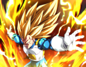 Rule 34 | 1boy, blonde hair, blue bodysuit, bodysuit, commentary request, dragon ball, dragon ball daima, final flash, green eyes, long hair, no eyebrows, open mouth, outstretched arms, rom (20), saiyan armor, sparkle, sparkling aura, spiked hair, super saiyan, super saiyan 3, vegeta, yellow aura