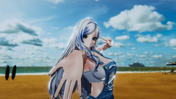 3d beach blue_eyes blue_hair blue_sky breasts cleavage cloud cloudy_sky denim denim_overalls denim_shorts discusgeon hand_up highres huge_breasts long_hair midriff multicolored_hair parasol parted_bangs sand shadow ship shorts sky streaked_hair umbrella v vlyz watercraft yun_eze