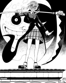 1girl absurdres artist_name coattails collared_shirt crescent_moon facing_viewer gloves gradient_background greyscale grin highres holding holding_scythe long_sleeves maka_albarn monochrome moon necktie on_rooftop outdoors pleated_skirt rooftop school_uniform scythe shaded_face shirt skirt smile soul_eater soul_eater_moon speedl00ver standing twintails white_gloves
