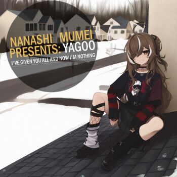 1girl absurdres adversarial_noise ahoge black_boots black_choker black_hair black_shirt black_skirt black_sweater boots brown_eyes brown_hair choker closed_mouth commentary emo_fashion english_commentary english_text highres hololive hololive_english house lace-trimmed_choker lace_trim loose_socks multicolored_hair nanashi_mumei nanashi_mumei_(emo) nightmare_(nanashi_mumei) official_alternate_costume official_alternate_hairstyle outdoors red_sweater shirt skirt smile snow socks solo streaked_hair striped_clothes striped_sweater sweater sweater_under_shirt tree two-tone_sweater urban virtual_youtuber white_hair yoako