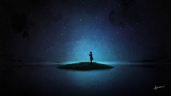 1other ambiguous_gender black_sky commentary_request from_side h_yuusui highres holding holding_plant island night ocean original outdoors plant reflection reflective_liquid scenery signature silhouette sky sky_focus standing star_(sky) starry_sky water wide_shot