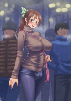 1futa allurmilk bag between_breasts blush breasts brown_hair bulge cleavage dated erection erection_under_clothes futanari green_eyes handbag impossible_clothes impossible_sweater kamiya_midori large_breasts large_penis long_hair looking_at_viewer original penis ponytail ribbed_sweater smile solo_focus strap_between_breasts sweater