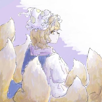 Rule 34 | 1girl, absurdres, animal ear fluff, animal ears, animal hat, blonde hair, blue tabard, bright background, closed mouth, commentary request, eyelashes, facing away, fox ears, fox girl, fox tail, hat, highres, kitsune, kyuubi, large tail, long sleeves, looking at viewer, looking back, mob cap, multiple tails, short hair, simple background, solo, tabard, tail, touhou, very long tail, yaki hg, yakumo ran, yellow eyes, yellow tail