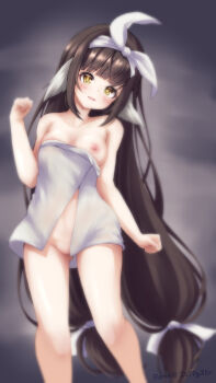 1girl 2o7dg8er absurdres animal_ears azur_lane bare_shoulders blush bow breasts brown_hair collarbone fang gluteal_fold groin hair_bow hair_ribbon harutsuki_(azur_lane) harutsuki_(little_steamy_sprite)_(azur_lane) highres low_twintails medium_breasts naked_towel nipples official_alternate_costume open_mouth ribbon solo towel twintails white_bow white_ribbon yellow_eyes
