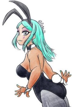 Rule 34 | 1girl, alternate costume, alternate hairstyle, ass, bow, bowtie, cerebella (skullgirls), cowboy shot, dark-skinned female, dark skin, detach collar, dutch angle, eyeshadow, green hair, green lips, green nails, grey eyes, hair down, hairband, head tilt, leotard, lipstick, long hair, looking at viewer, looking back, makeup, nail polish, pantyhose, pata n, playboy bunny, rabbit ears, rabbit tail, skullgirls, smile, solo, white background