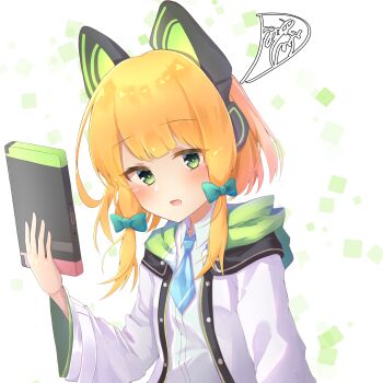 Rule 34 | 1girl, absurdres, animal ear headphones, animal ears, arm at side, blonde hair, blue archive, blue necktie, blush, bow, buttons, cat ear headphones, cat ears, collared shirt, commentary, fake animal ears, green background, green bow, green eyes, green jacket, hair bow, hand up, handheld game console, headphones, highres, holding, holding handheld game console, hood, hood down, hooded jacket, jacket, long sleeves, looking at viewer, low-tied sidelocks, midori (blue archive), multicolored jacket, necktie, no halo, open clothes, open jacket, open mouth, parted bangs, shirt, short hair, short hair with long locks, short necktie, sidelocks, signature, smile, solo, upper body, usamin 417, white background, white jacket, white shirt, wide sleeves