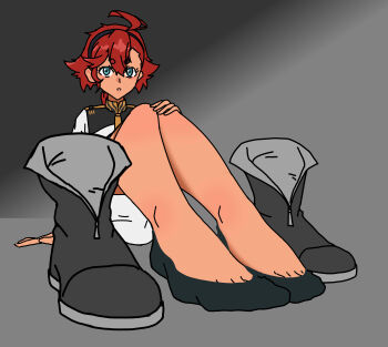 1girl absurdres black_socks blue_eyes boots feet gundam gundam_suisei_no_majo hairband hand_on_own_knee highres long_hair looking_at_viewer parted_lips paxa349 red_hair shoes socks suletta_mercury unworn_boots unworn_shoes