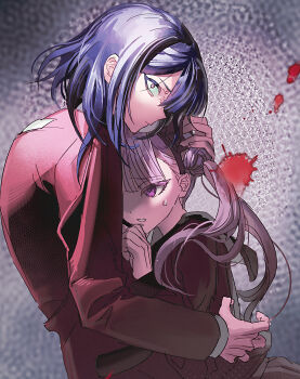 Rule 34 | 1boy, 1girl, black hairband, black sailor collar, blood, blood splatter, brother and sister, chinese commentary, closed mouth, colored eyelashes, commentary request, constricted pupils, grey background, hair bun, hairband, hand on another's back, hand on another's head, highres, jacket, long hair, long sleeves, medium hair, pink eyes, pink hair, purple hair, red jacket, red shirt, sailor collar, sailor shirt, shirt, siblings, sweat, the hundred line -last defense academy-, tsukumo ima, tsukumo kako, tsurime, twins, twintails, yichuan