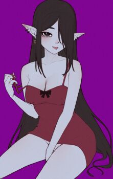 Rule 34 | 1girl, :p, anemoneeanemone, bare arms, bare legs, bare shoulders, between legs, black hair, borrowed character, breasts, cleavage, collarbone, commentary, covering crotch, covering privates, crescent, crescent earrings, dress, ear piercing, earrings, hair over one eye, hand between legs, highres, holding strap, jewelry, licorice (justadrian), long hair, looking at viewer, medium breasts, no panties, original, pale skin, piercing, pointy ears, purple background, red dress, short dress, simple background, solo, spaghetti strap, tongue, tongue out, very long hair