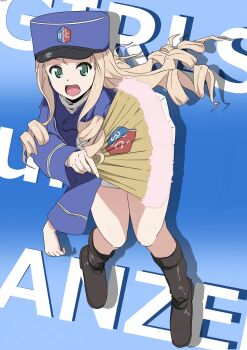 Rule 34 | 1girl, absurdres, bambi2000line, bc freedom school uniform, black boots, blue eyes, blue jacket, boots, commentary request, drill hair, girls und panzer, hand fan, hat, highres, holding, holding fan, jacket, long hair, looking at viewer, marie (girls und panzer), open mouth, school uniform, standing