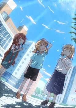 3girls absurdres bag black_shoes black_shorts blonde_hair blue_dress blue_shirt blue_skirt blue_sky brown_hair brown_shoes building cloud cloudy_sky commentary_request dappled_sunlight day dress food highres holding holding_bag light_rays long_hair multiple_girls oomuro-ke oomuro_hanako oomuro_nadeshiko oomuro_sakurako outdoors plastic_bag popsicle ra_ru_ni shirt shoes short_sleeves short_twintails shorts skirt sky standing summer sunlight twintails very_long_hair yuruyuri |_|