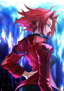 1girl aqua_eyes artist_name black_pantyhose black_shirt breasts closed_mouth code_geass falling_petals hand_on_own_hip highres jacket kouzuki_kallen long_sleeves medium_breasts mochi_mangaka pantyhose parted_bangs petals profile red_hair red_jacket shirt short_hair solo upper_body