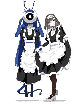2girls alien alternate_costume apron arknights black_dress black_hair bow bowtie diamond-shaped_pupils diamond_(shape) dress eyeball floating full_body hashtag-only_commentary high_heels highres igashira_(gryw5852) levitation long_sleeves looking_at_viewer maid maid_apron maid_headdress medium_hair multiple_girls parted_lips priestess_(arknights) shadow simple_background smile standing symbol-shaped_pupils teeth the_presence_(arknights) white_apron white_background white_bow white_bowtie