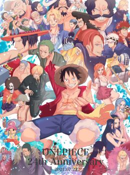 2021 5girls 6+boys adapted_costume afro anniversary antlers ascot beard black_hair blonde_hair blue_hair blue_shorts blue_skin boa_hancock brook_(one_piece) brothers buggy_the_clown buzz_cut cape chest_tattoo colored_skin commentary_request copyright_name crocodile_(one_piece) cross crossed_arms dated donquixote_doflamingo earrings eustass_kid eyewear_on_head facial_hair father_and_daughter father_and_son feather_boa feather_cape franky_(one_piece) fujitora_(one_piece) glasses going_merry gol_d._roger green_ascot green_hair green_kimono half_updo hat helmeppo highres hockey_mask holding holding_polearm holding_weapon horns japanese_clothes jewelry jinbe_(one_piece) kaidou_(one_piece) karoo_(one_piece) killer_(one_piece) kimono kizaru_(one_piece) koby_(one_piece) kouzuki_momonosuke kouzuki_oden long_hair mask monkey_d._garp monkey_d._luffy multiple_boys multiple_girls mustache nami_(one_piece) nami_(one_piece)_(whole_cake_island) nefertari_vivi nico_robin nico_robin_(return_to_sabaody) official_alternate_costume one_piece orange_hair pirate_hat polearm portgas_d._ace reaching reaching_towards_viewer red_hair reindeer_antlers roronoa_zoro sabo_(one_piece) sakazuki_(one_piece) sandals sanji_(one_piece) sash scar scar_across_eye scar_on_chest scar_on_face shanks_(one_piece) short_hair shorts siblings sideburns sidelocks silvers_rayleigh skeleton sleeveless sleeveless_jacket smile smoker_(one_piece) stitched_face stitches straw_hat straw_hat_pirates sunglasses suzu_(suzuran_piece) tattoo thousand_sunny tony_tony_chopper trafalgar_law usopp very_short_hair weapon white_ascot white_hair yamato_(one_piece) yellow_sash