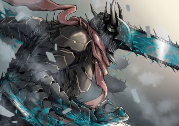 armor black_horns blood blood_on_face bloody_weapon blue_blood chainsaw chainsaw_devil chainsaw_man colored_blood dust erupusai2 extra_arms fingernails highres horns hybrid intestines organs scarf sharp_fingernails sharp_teeth spikes stylized_blood teeth weapon