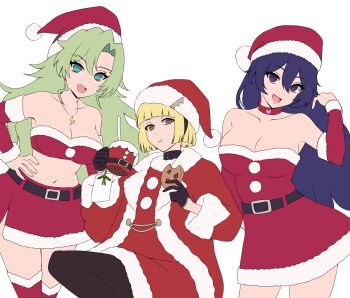 3girls bambietta_basterbine bare_shoulders bleach bleach:_brave_souls bleach:_sennen_kessen-hen bleach_soul_puzzle blonde_hair breasts candice_catnipp cleavage collarbone green_eyes green_hair hat highres large_breasts liltotto_lamperd long_hair midriff multiple_girls navel official_alternate_costume quincy_(bleach) santa_costume santa_hat skirt sternritter thighhighs