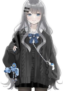 1girl bag bag_charm beads black-framed_eyewear black_bag black_bow black_skirt blue_bow blue_bowtie blue_eyes blue_nails blush bow bowtie cardigan cellphone charm_(object) closed_mouth collarbone collared_shirt commentary_request controller cowboy_shot diagonal-striped_bow diagonal-striped_bowtie diagonal-striped_clothes double-parted_bangs dress_shirt game_controller gamepad glasses grey_cardigan grey_hair hair_bow hand_up highres long_hair long_sleeves looking_at_viewer miniskirt nail_polish nozawa_(nooo1709) open_collar original phone pleated_skirt pocket school_bag school_uniform shirt simple_background skirt sleeves_past_fingers sleeves_past_wrists smartphone smile solo striped_bow striped_bowtie striped_clothes tamagotchi_(virtual_pet) twitter_username unworn_eyewear very_long_hair virtual_pet_(toy) watermark white_background white_shirt