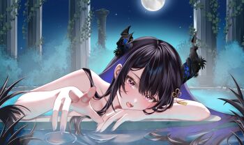 1girl asymmetrical_horns black_hair black_horns blue_hair blue_nails colored_inner_hair highres hololive hololive_english horns long_hair looking_at_viewer moon multicolored_hair nerissa_ravencroft night open_mouth outdoors pillar pink_eyes pool poolside solo ssiiiyyaa virtual_youtuber water