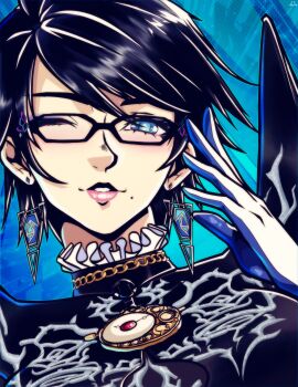 1girl absurdres bayonetta bayonetta_(series) bayonetta_2 black_bodysuit black_hair blue_background blue_eyes bodysuit commentary earrings english_commentary glasses grin highres jewelry looking_at_viewer mole mole_under_mouth nico_artoo one_eye_closed portrait short_hair smile solo