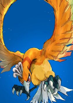 Rule 34 | alternate color, bird, commentary request, crest, feathers, gen 2 pokemon, golden feathers, ho-oh, legendary pokemon, looking at viewer, nintendo, no humans, pokemon, pokemon (creature), pokemon focus, red eyes, shiny pokemon, silver tail, sky, solo, sparkle, srseyo o, talons, yellow feathers