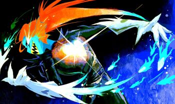 1girl blue_fire blue_skin colored_skin colored_teeth cowboy_shot eye_trail fins fire fish_girl gauntlets glowing head_fins heart highres leaning_to_the_side light_trail long_hair open_mouth outstretched_arm red_hair sharp_teeth solo teeth two-tone_background undertale undyne undyne_the_undying utdr_(toby_fox) vivionlyart yellow_teeth