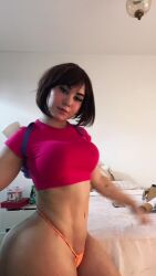 1girl animated audible_music backpack bag bob_cut brazilian_(nationality) breasts cosplay crop_top dora_marquez dora_marquez_(cosplay) dora_the_explorer highres navel orange_panties panties pink_shirt real_life shirt sound tagme thong underwear victoria_matos video