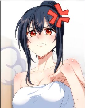 1girl angry black_hair blush breasts embarrassed hand_up highres jiang_he large_breasts long_hair my_wife_is_from_a_thousand_years_ago naked_towel non-web_source red_eyes steam towel very_long_hair