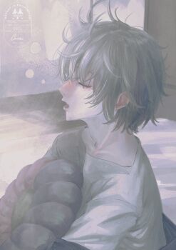 1boy absurdres alternate_costume ca_mei closed_eyes fuwa_minato grey_hair hair_between_eyes hashtag-only_commentary highres holding holding_pillow male_focus messy_hair multicolored_hair nijisanji open_mouth pillow shirt solo squeans streaked_hair tearing_up upper_body virtual_youtuber white_shirt yawning