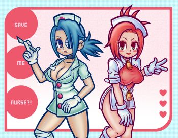 2girls blue_border blush_stickers border breasts choker cleavage collarbone covered_erect_nipples cowboy_shot crossover english_text eyepatch eyeshadow garnet_(the_rumble_fish) gloves green_eyes hat large_breasts latex latex_gloves leg_wrap lipstick looking_at_viewer makeup medical_eyepatch mogafactory multiple_girls nurse nurse_cap pink_background pink_hair ponytail red_eyes red_lips scalpel scar scar_on_face scar_on_mouth skullgirls the_rumble_fish v valentine_(skullgirls) zipper zipper_pull_tab
