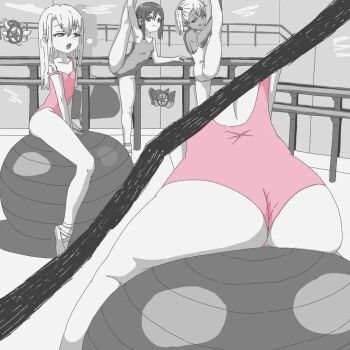 3girls animated ass ball breasts cameltoe chloe_von_einzbern cleavage covered_navel exercise_ball fate/kaleid_liner_prisma_illya fate_(series) hair_bobbles hair_ornament illyasviel_von_einzbern indoors jordan_reine leg_up leotard loli magical_ruby magical_sapphire miyu_edelfelt multiple_girls open_mouth partially_colored pink_leotard small_breasts smile spread_legs tongue tongue_out twintails video