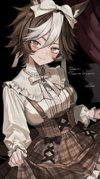 Rule 34 | absurdres, alternate costume, animal ears, bow, breasts, brown corset, brown eyes, brown skirt, closed mouth, clothes lift, commentary, commission, corset, curtains, english commentary, hair bow, highres, horse ears, horse girl, indie virtual youtuber, large breasts, lifting own clothes, long sleeves, looking at viewer, multicolored hair, nanjo maya, second-party source, shirt, skeb commission, skirt, skirt lift, smile, solo, standing, tomoe umari, virtual youtuber, white bow, white hair, white shirt