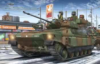 aircraft airplane black-framed_eyewear black_mask blue_eyes blue_sky brown_eyes brown_hair building camouflage camouflage_jacket caterpillar_tracks city closed_mouth combat_helmet commentary_request convenience_store day f-15_eagle fighter_jet glasses goggles goggles_on_headwear headphones helmet highres jacket japan_ground_self-defense_force japan_self-defense_force looking_at_viewer mask microphone mikeran_(mikelan) military military_vehicle motor_vehicle mouth_mask open_mouth original outdoors power_lines radio_antenna shop sky smile snow soldier tank type_89_ifv utility_pole vehicle_focus