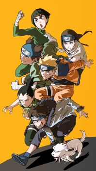 6+boys absurdres akamaru_(naruto) akimichi_chouji bandaged_arm bandages bandana black_eyes black_hair blonde_hair blue_bandana blue_eyes bowl_cut brown_hair closed_mouth commentary_request dog facial_mark flak_jacket forehead_protector green_jumpsuit headband highres hyuuga_neji inuzuka_kiba jacket jumpsuit konohagakure_symbol male_focus multiple_boys nara_shikamaru naruto_(classic) naruto_(series) ninja orange_background orange_jacket pnpk_1013 ponytail purple_eyes rock_lee sharp_nails short_ponytail simple_background spiked_hair uzumaki_naruto whisker_markings yellow_background
