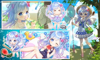 1girl :d :o ;) blue_dress blue_hair blue_neckerchief blush boombox braid brown_hat brown_sandals butterfly_hair_ornament butterfly_net chibi commentary_request commission day dress eating electric_fan food frilled_dress frills fruit full_body hair_ornament hand_net hat highres holding holding_bug holding_butterfly_net holding_food holding_fruit holding_popsicle holding_watermelon indie_virtual_youtuber innertube long_hair looking_at_viewer multiple_views neckerchief one-piece_swimsuit one_eye_closed open_mouth outdoors outline outstretched_arm popsicle purple_one-piece_swimsuit rubber_duck rurino_nemo sailor_collar sandals shuu_(syuuuuuuuuuu) skeb_commission sleeveless sleeveless_dress smile standing suikawari swim_ring swimsuit tree twin_braids virtual_youtuber watermelon white_outline white_sailor_collar white_wings wings