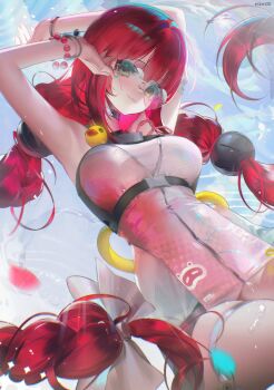 1girl absurdres bracelet braid breasts eskm00 green_eyes hashtag-only_commentary heart heart-shaped_eyewear highres jewelry long_hair medium_breasts official_alternate_costume one-piece_swimsuit pink_one-piece_swimsuit red_hair sky strap swimsuit thigh_strap twin_braids two-tone_one-piece_swimsuit ukinami_yuzuha ukinami_yuzuha_(tanuki_in_broad_daylight) very_long_hair water_drop zenless_zone_zero