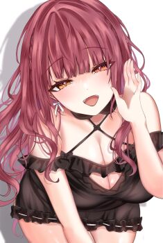 1girl bare_shoulders bent_over black_dress black_ribbon breasts cleavage commentary cowboy_shot dress heterochromia highres hololive honnoshioriii houshou_marine large_breasts long_hair red_eyes red_hair ribbon shadow simple_background solo symbol-only_commentary virtual_youtuber white_background yellow_eyes