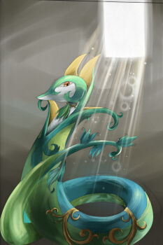 1other commentary facing_to_the_side gen_5_pokemon green_trim grey_background highres indoors kurouri_(kurowri) light_particles looking_to_the_side nintendo pokemon pokemon_(creature) pokemon_focus red_eyes serperior slit_pupils snake solo window yellow_trim