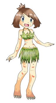 1girl absurdres amayzing2002 armpit_crease arms_at_sides barefoot bikini blue_eyes brown_hair child collarbone curled_fingers eyelashes fangs feet fingernails flat_chest full_body grass_skirt groin happy heel_up highres knees leaf_bikini legs may_(pokemon) medium_hair midriff navel neck nintendo no_bra no_panties official_alternate_costume open_mouth outdoors pokemon pokemon_adventures revealing_clothes scratches sharp_fingernails sharp_toenails sidelocks simple_background standing swept_bangs swimsuit thighs toenails toes tomboy topknot white_background